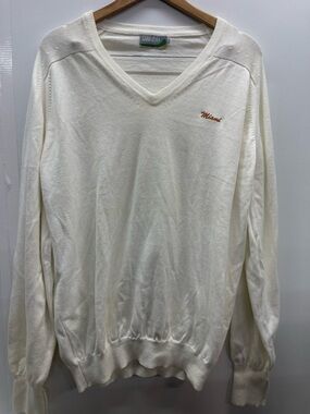 Sahara‎ Men's Cream V-Neck Sweater Orange 'Miami Hurricanes Embroidery Vintage